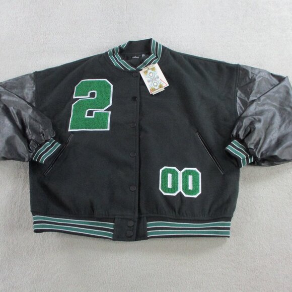Boohoo PU Sleeve Oversized Varsity Jacket Womens US 2 UK 6 Black Green NWT NEW - Picture 2 of 9